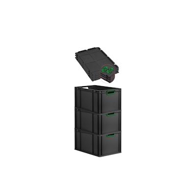 PROREGAL SuperSparSet 3x Eurobox NextGen Color mit Auflagedeckel & Verschlüsse, HxBxT 32x40x60cm, 65L, Schwarz, Griffe grün offen, Eurobehälter Image