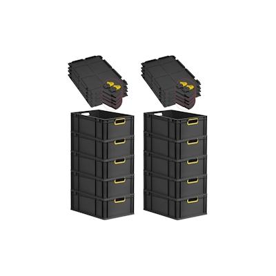 PROREGAL SuperSparSet 10x Eurobox NextGen Color mit Scharnierdeckel & Verschlüssen, HxBxT 22x40x60cm, 44L, Schwarz, Griffe gelb offen, Eurobehälter Image