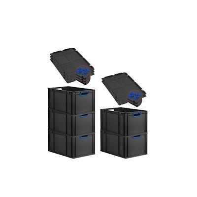 PROREGAL SparSet 5x Eurobox NextGen Color mit Auflagedeckel & Verschlüsse, HxBxT 32x40x60cm, 65L, Schwarz, Griffe blau offen, Eurobehälter Image