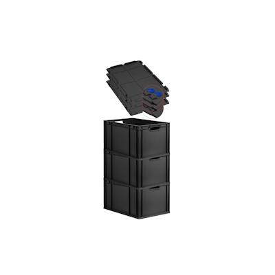 PROREGAL SuperSparSet 3x Eurobox NextGen Grip mit Scharnierdeckel & blauen Verschlüssen, HxBxT 32x40x60cm, 65L, Schwarz, Griffe offen, Eurobehälter Image