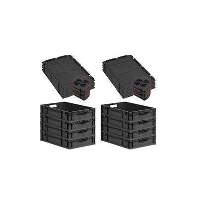 PROREGAL SuperSparSet 8x Eurobox NextGen Grip mit Auflagedeckel & 4 schwarzen Verschlüssen, HxBxT 12x40x60cm, 23L, Schwarz, Griffe offen, Eurobehälter Image