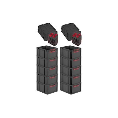 PROREGAL SparSet 10x Eurobox NextGen Color mit Auflagedeckel & Verschlüsse, HxBxT 22x30x40cm, 20L, Schwarz, Griffe rot zu, Eurobehälter Image
