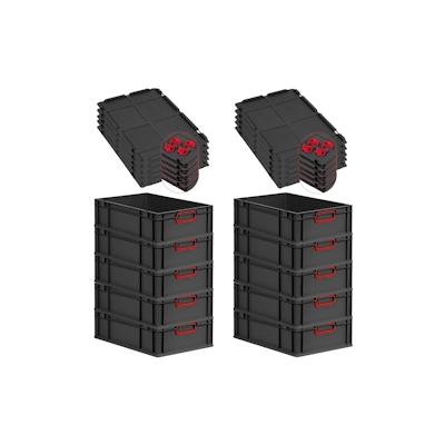 PROREGAL SparSet 10x Eurobox NextGen Color mit Auflagedeckel & Verschlüsse, HxBxT 17x40x60cm, 34L, Schwarz, Griffe rot zu, Eurobehälter Image