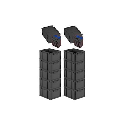 PROREGAL SuperSparSet 10x Eurobox NextGen Grip mit Scharnierdeckel & blauen Verschlüssen, HxBxT 22x30x40cm, 20L, Schwarz, Griffe zu, Eurobehälter Image