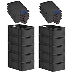 PROREGAL SuperSparSet 10x Eurobox NextGen Grip mit Scharnierdeckel & blauen Verschlüssen, HxBxT 22x40x60cm, 44L, Schwarz, Griffe offen, Eurobehälter Image