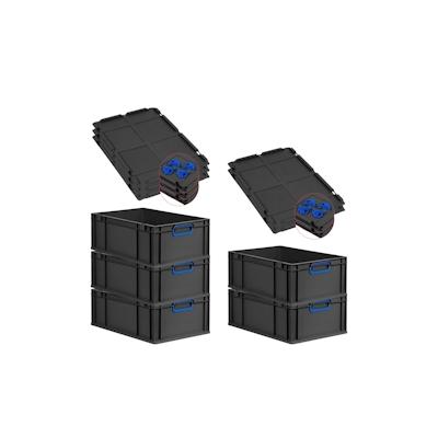 PROREGAL SparSet 5x Eurobox NextGen Color mit Auflagedeckel & Verschlüsse, HxBxT 22x40x60cm, 44L, Schwarz, Griffe blau zu, Eurobehälter Image