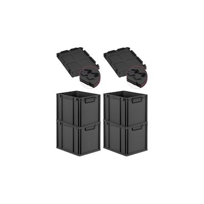PROREGAL SuperSparSet 4x Eurobox NextGen Color mit Scharnierdeckel & Verschlüssen, HxBxT 32x30x40cm, 30L, Schwarz, Griffe schwarz zu, Eurobehälter Image