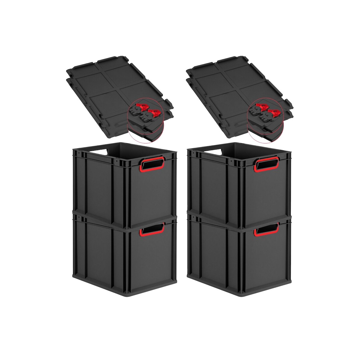 PROREGAL SuperSparSet 4x Eurobox NextGen Color mit Scharnierdeckel & Verschlüssen, HxBxT 32x30x40cm, 30L, Schwarz, Griffe rot offen, Eurobehälter Image