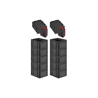 PROREGAL SuperSparSet 10x Eurobox NextGen Grip mit Scharnierdeckel & roten Verschlüssen, HxBxT 22x30x40cm, 20L, Schwarz, Griffe zu, Eurobehälter Image