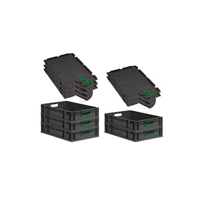 PROREGAL SuperSparSet 5x Eurobox NextGen Color mit Scharnierdeckel & Verschlüssen, HxBxT 12x40x60cm, 23L, Schwarz, Griffe grün offen, Eurobehälter Image