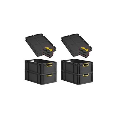 PROREGAL SuperSparSet 4x Eurobox NextGen Color mit Scharnierdeckel & Verschlüssen, HxBxT 22x40x60cm, 44L, Schwarz, Griffe gelb offen, Eurobehälter Image