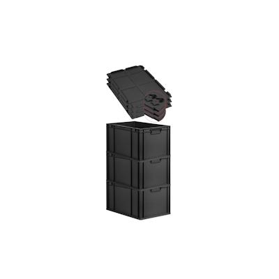 PROREGAL SuperSparSet 3x Eurobox NextGen Grip mit Scharnierdeckel & schwarzen Verschlüssen, HxBxT 32x40x60cm, 65L, Schwarz, Griffe zu, Eurobehälter Image