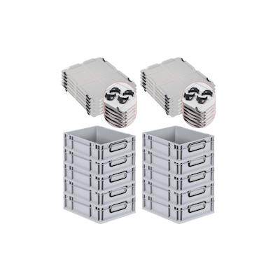 PROREGAL SparSet 10x Eurobox NextGen Color mit Auflagedeckel & Verschlüsse, HxBxT 12x30x40cm, 11L, Grau, Griffe schwarz zu, Eurobehälter Image