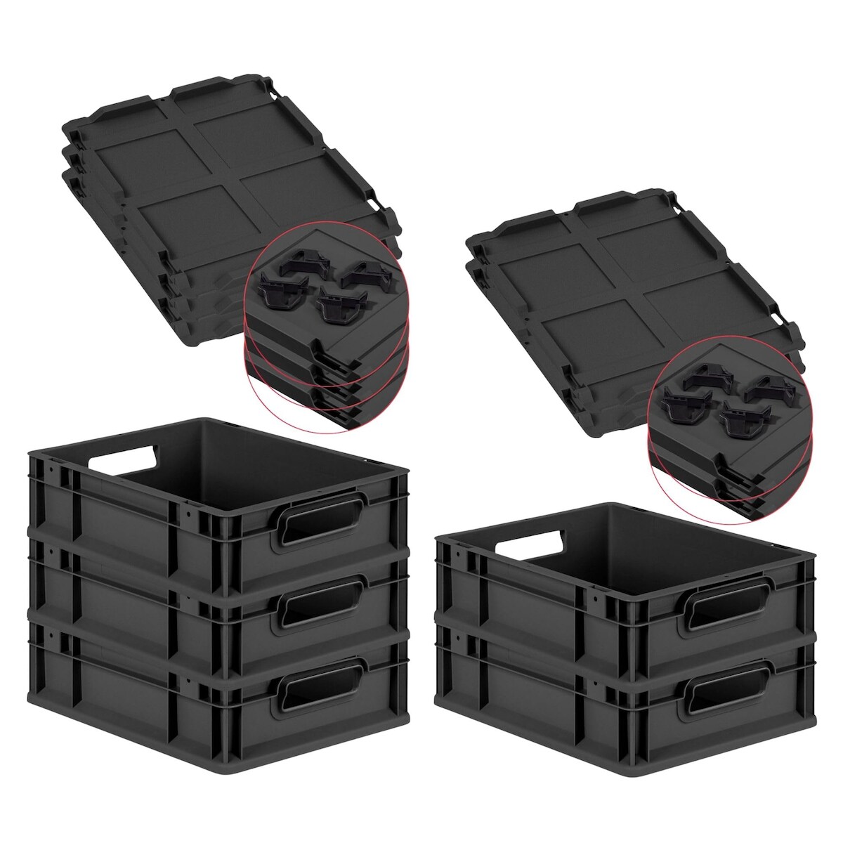PROREGAL SparSet 5x Eurobox NextGen Grip mit Auflagedeckel & 4 schwarzen Verschlüssen, HxBxT 12x30x40cm, 11L, Schwarz, Griffe offen, Eurobehälter Image