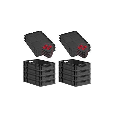 PROREGAL SuperSparSet 8x Eurobox NextGen Grip mit Auflagedeckel & 4 roten Verschlüssen, HxBxT 12x40x60cm, 23L, Schwarz, Griffe offen, Eurobehälter Image