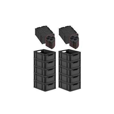 PROREGAL SuperSparSet 10x Eurobox NextGen Grip mit Scharnierdeckel & schwarzen Verschlüssen, HxBxT 17x30x40cm, 16L, Schwarz, Griffe offen, Box Image