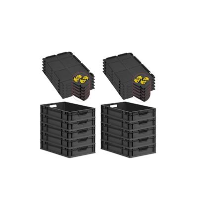 PROREGAL SparSet 10x Eurobox NextGen Grip mit Auflagedeckel & 4 gelben Verschlüssen, HxBxT 12x40x60cm, 23L, Schwarz, Griffe offen, Eurobehälter Image
