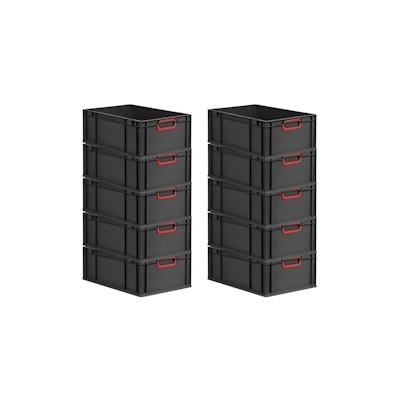 PROREGAL SparSet 10x Eurobox NextGen Color, HxBxT 22x40x60cm, 44 Liter, Griffe rot zu, Schwarz, Eurobehälter, Transportbehälter Image