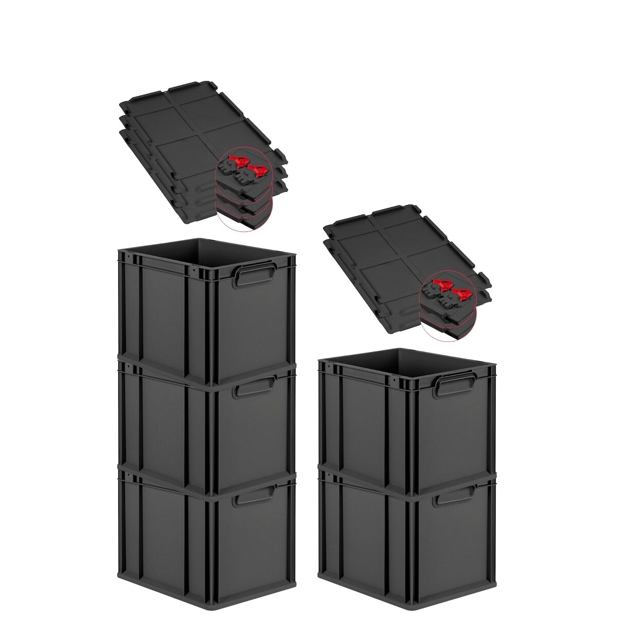 PROREGAL SuperSparSet 5x Eurobox NextGen Grip mit Scharnierdeckel & roten Verschlüssen, HxBxT 32x30x40cm, 30L, Schwarz, Griffe zu, Eurobehälter Image