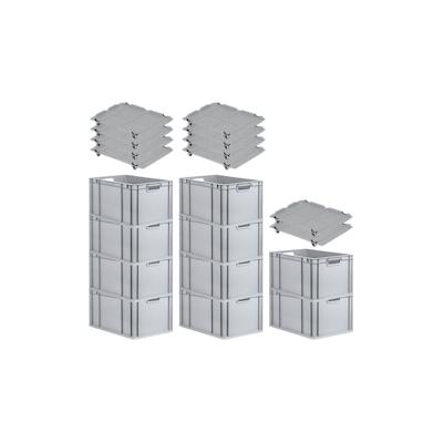 PROREGAL SparSet 10x Eurobox NextGen Grip mit Auflagedeckel & 4 schwarzen Verschlüssen, HxBxT 32x40x60cm, 65L, Grau, Griffe offen, Eurobehälter Image