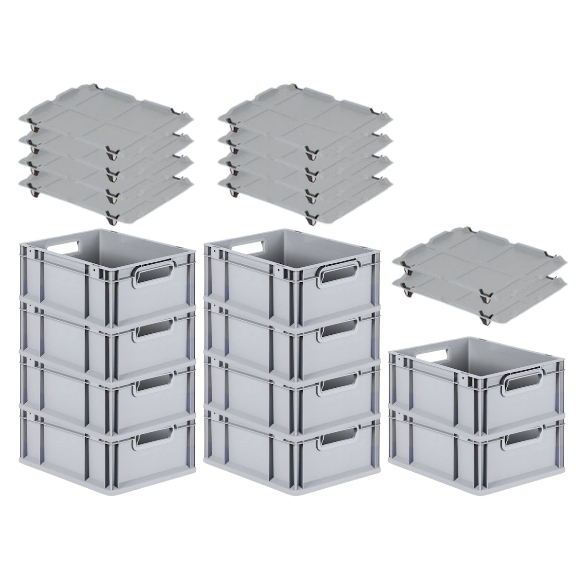 PROREGAL SuperSparSet 10x Eurobox NextGen Grip mit Auflagedeckel & 4 schwarzen Verschlüssen, HxBxT 17x30x40cm, 16L, Grau, Griffe offen, Eurobehälter