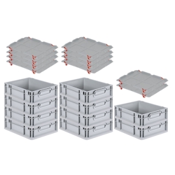 PROREGAL SparSet 10x Eurobox NextGen Grip mit Auflagedeckel & 4 roten Verschlüssen, HxBxT 12x30x40cm, 11L, Grau, Griffe zu, Eurobehälter Image