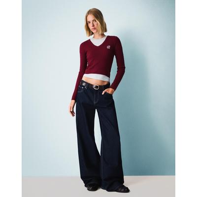 Bershka Embroidered Cable-Knit Sweater Women L Maroon