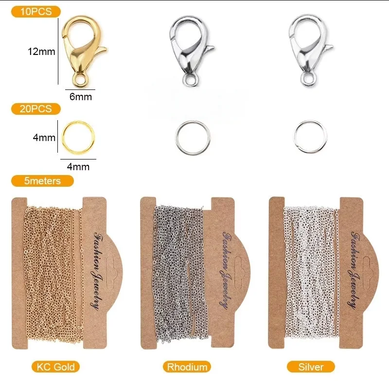1,5 mm/2,0 mm Kupfer-Gliederkabel-Ketten-Set mit 10 Karabinerverschlüssen und 20 Biegeringen für Männer und Frauen, Schmuckkette, DIY-Herstellung, 5 Meter Image