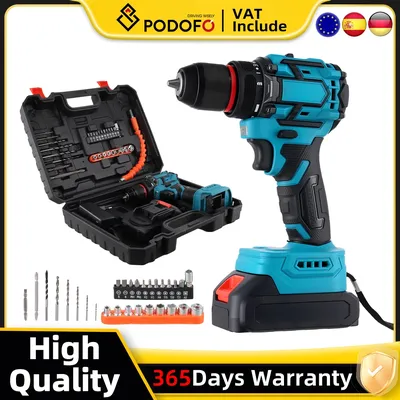 Podofo Cordless Electric Drill 2 Speed Brushless Screwdriver Hammer Drill 21 Gears With Adjustable Torque Hand Drill Power Tools