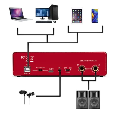 MD22 Recording Sound Card 48V Phantom Power USB Audio Interface with Loopback Monitor for Guitar Recording