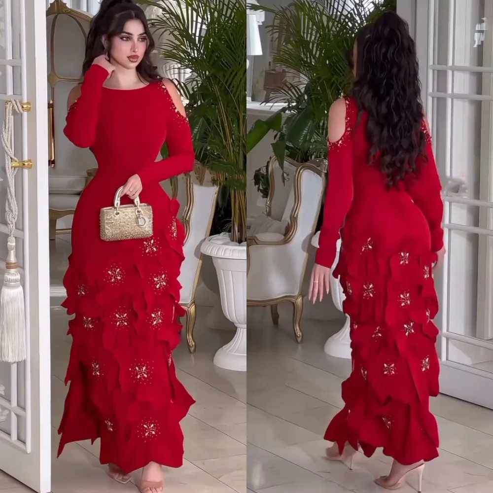 Customized Sizes Available Jersey Flower Straight Scoop Neck Midi Dresses Bespoke Occasion Elegant Modern Style