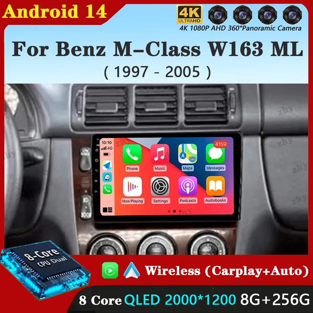 Android 14 Autoradio Für Mercedes Benz M-Klasse W163 ML 1997-2005 Navigation Multimedia Player Stereo WiFi + 4G Video Carplay BT Image