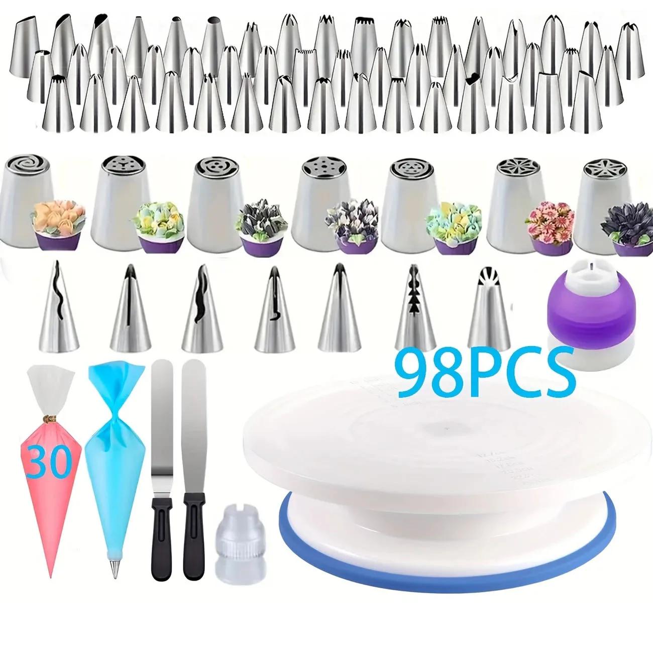 98-teiliges Kuchendekorationswerkzeug-Set – 62 Rohrspitzen, blauer Drehteller und Werkzeuge für Buttercreme-Blumen, DIY-Kuchen-Backwerkzeuge, Zubehör Image