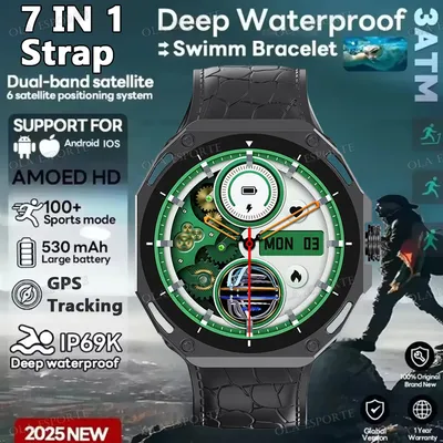 7 IN 1 Strap Smart Uhr Männer AMOLED Bildschirm Herzfrequenz AI Stimme Assistent GPS Track Smartwatch Bluetooth Anruf Frauen armbanduhr
