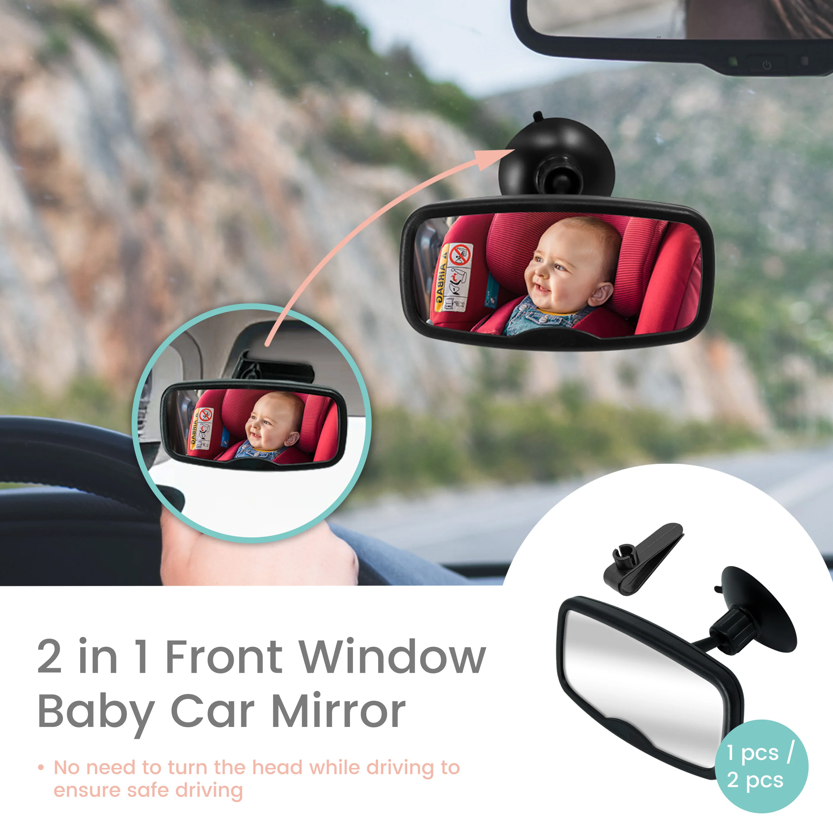 Kleiner 2-in-1 schwarzer verstellbarer Autositzspiegel 360 ° Drehbare, bruchsichere Saugnäpfe, einfache Installation Image