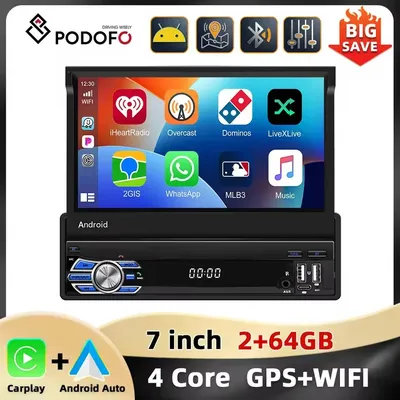 Podofo 4Core 1Din Android Car Stereo 7'' Retractable Screen Car Radio Carplay Android Auto 2+64G Mirror Link GPS WIFI Car Audio
