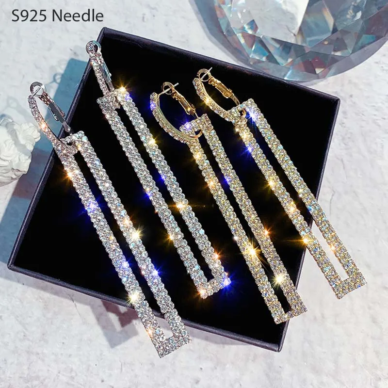 Silber Nadel Lange Baumeln Ohrringe für Frauen Schmuck Aussage Glänzende Rechteckige Punk Rock Weibliche Ohrringe