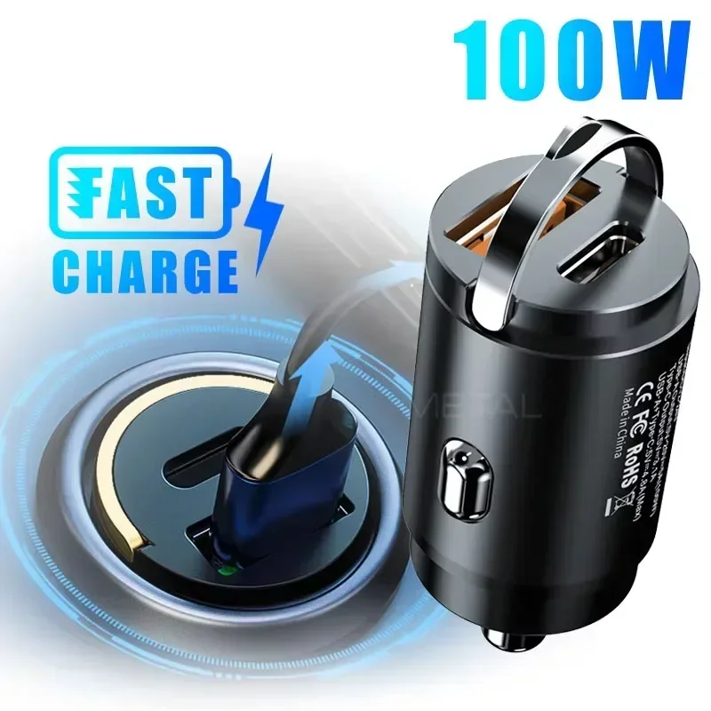 Auto 100/200 W Dual Port Mini USB Ladegerät Ultra Schnelle Lade Zigarette Leichter Buchse 12-24 V Aluminium Handy Lade Adapter Image