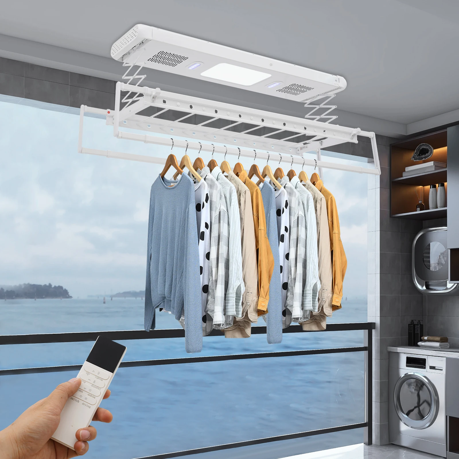 Elektrischer Wäscheständer mit Fernbedienung, elektrischer Wäscheständer, Wand- und Decken-Wäscheständer, elektrisch Image