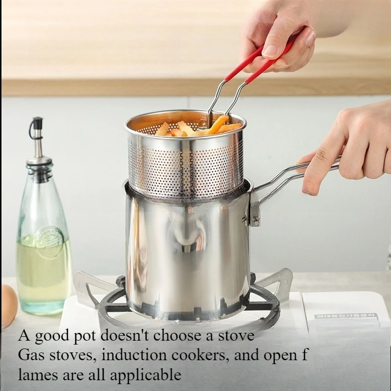 Edelstahl-Fritteuse mit Korb, vielseitig einsetzbar, für Zuhause/gewerblich, Tempura-Hühnerbraten, rutschfeste Basis, Wok mit kühlem Griff Image