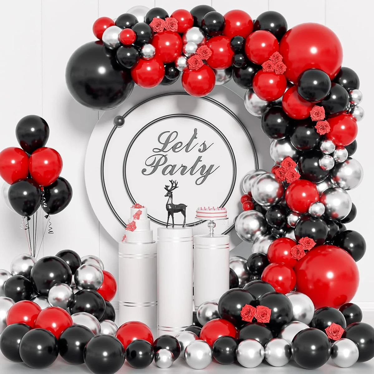 136-teiliges Ballon-Set aus mattem, schwarzem Metall, silberweißem Latex, geeignet für Geburtstagsfeiern, Hochzeiten, Partydekoration zum Valentinstag Image