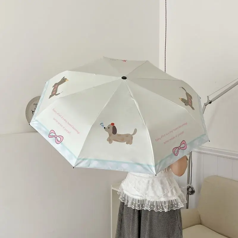 UPF 50+ Auto Compact Regenschirm, Apfel-Dackel-Druck – Sonnenschirm mit schwerem schwarzem Futter, 8 verstärkte Rippen, 3-fach tragbar Image