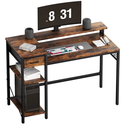 Industrial L-Shaped Standing Desk - 120cm Adjustable Workstation with Storage & Shelves for Home Office