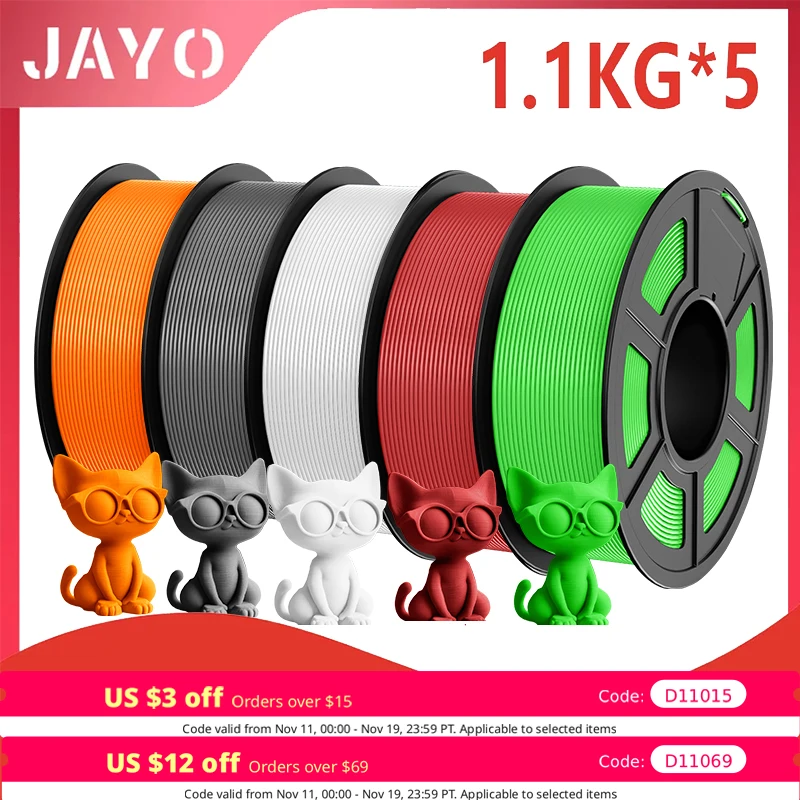 JAYO PLA Plus Filament 5 kg 3D-Drucker-Filament PLA+ 1,75 mm 5 Rollen mehrere Farben optional ordentlich gewickelt für 3D-Drucker Image