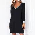 Robes pour femmes 2025 élégant brillant maille couture à manches longues Robe couleur unie col en V Mini Robe robes de soirée Robe