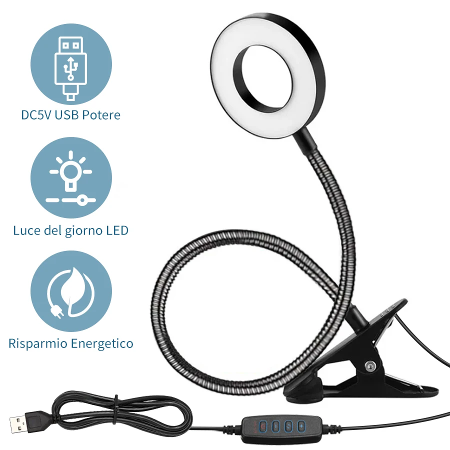 USB-LED-Schreibtischleuchte zum Aufstecken, 360° ° Flexible Augenschutz-Leselampe, 3 Farben, Helligkeit für Schlafzimmer, Tisch, Arbeitszimmer, Lesebeleuchtung