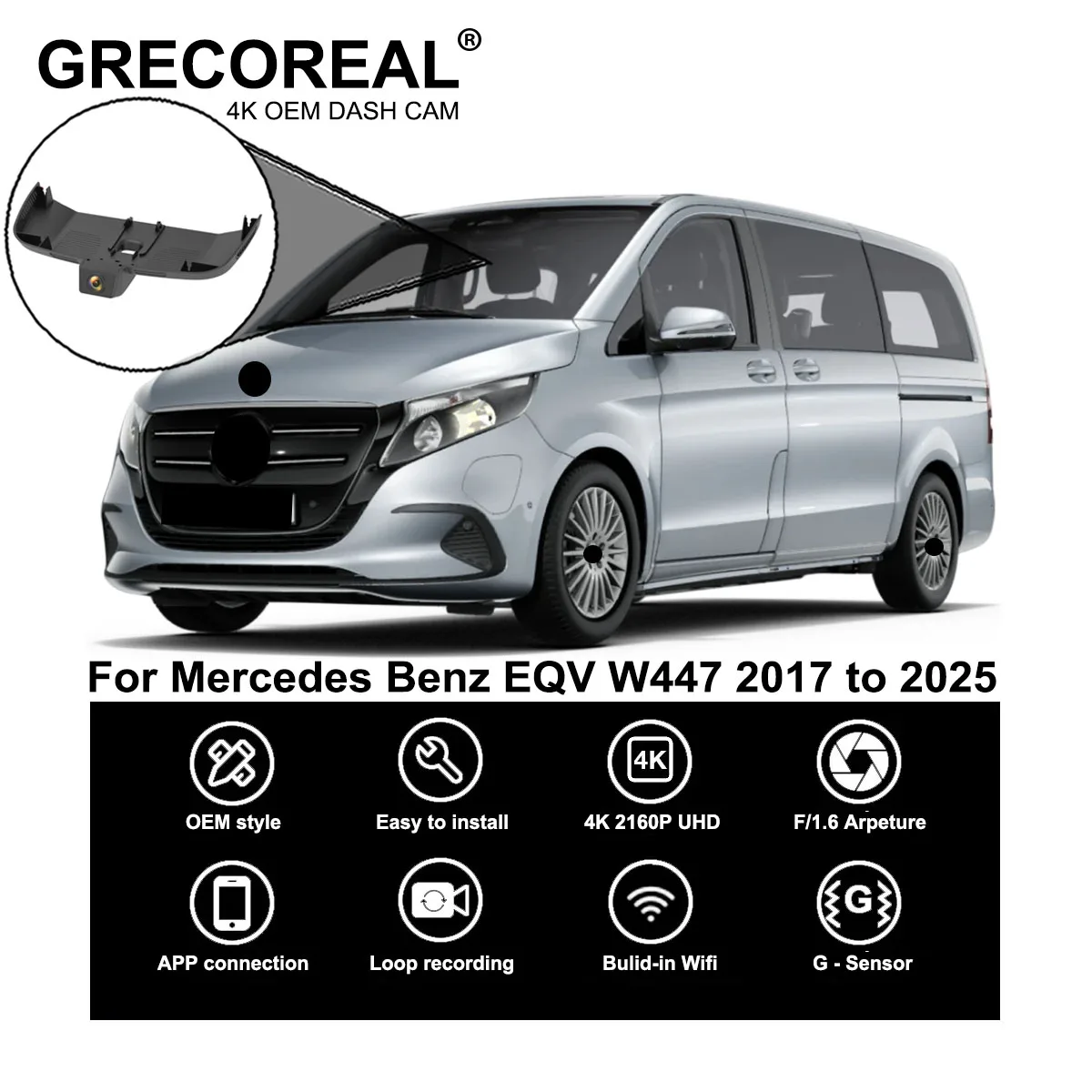GRECOREAL 4K Dash Cam vorne und hinten 2160P WiFi Auto Dual Dashcam Plug Play einfache Installation kompatibel mit Mercedes Benz EQV W447 Image