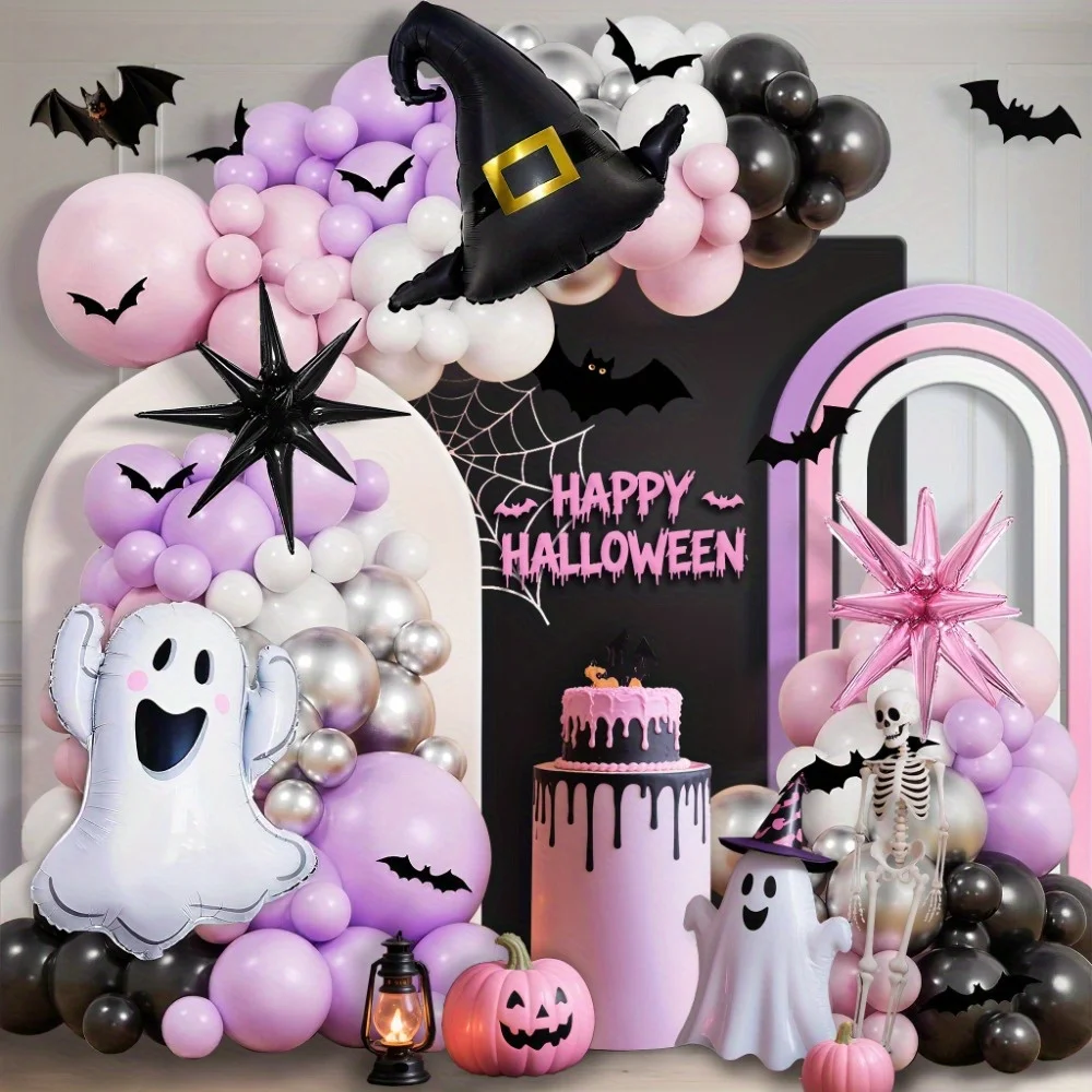 148-teiliges rosa und lila Halloween-Ballon-Dekorationsset, süße und coole Halloween-Dekorationen, Party-Halloween-Aktivitäten Image