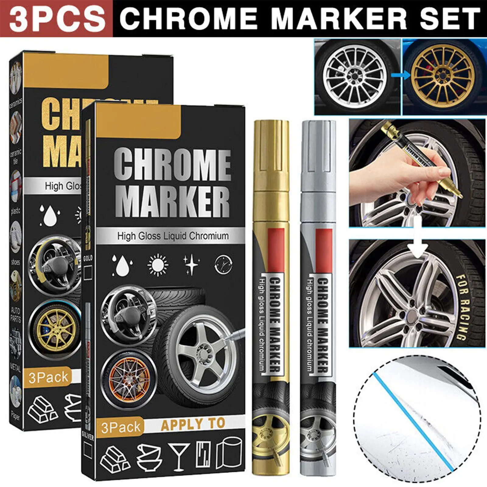 3 stücke Auto rad Chrom Farbe DIY Reparatur marker auto permanent wasserdichte reparatur kratzer entferner Farbe stift Chrom Spiegel marker Image