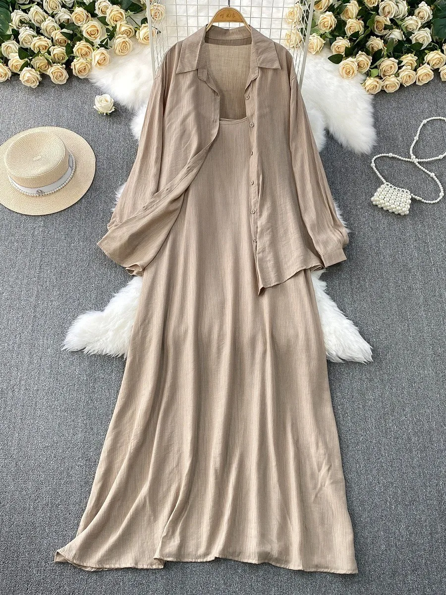 Muslimische Frauen Hemd Kleid Zwei Stück Set Solide Modest Anzüge Ramadan Musulman Ensemble Marokko Dubai Abayas Islam Outfits Jalabiya Image